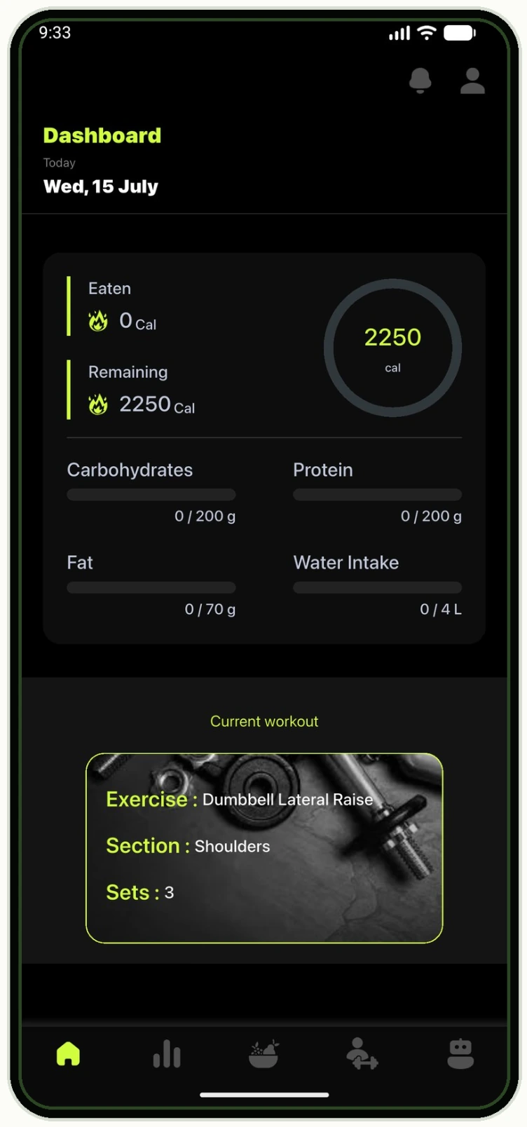 FitFreak Pro client dashboard showing daily nutrition targets and the current assigned workout.