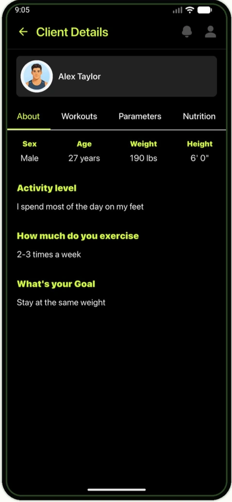 FitFreak Pro coach view showing a client record with About, Workouts, Parameters, and Nutrition tabs.