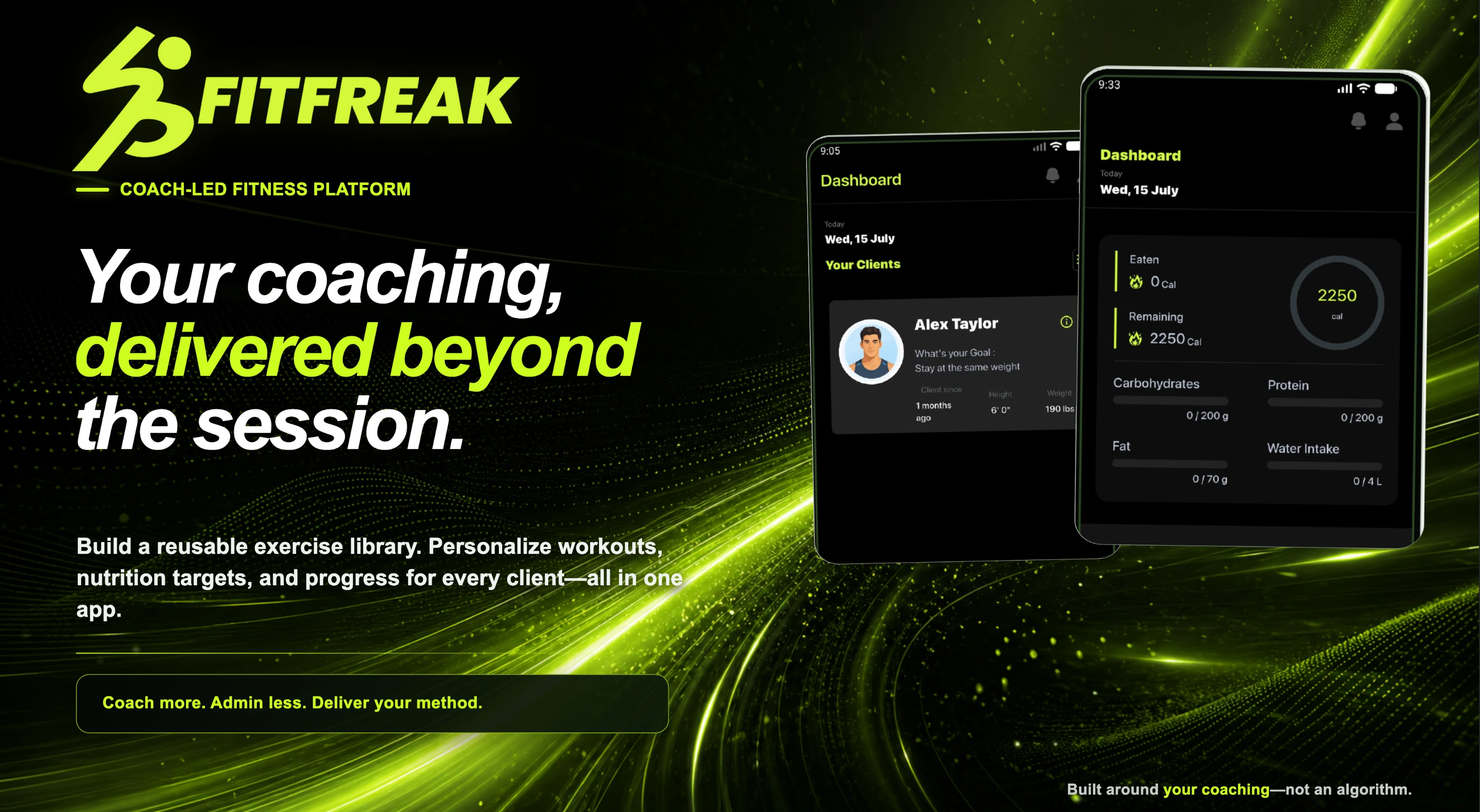 FitFreak Pro coach dashboard and client nutrition dashboard displayed side by side on mobile devices.