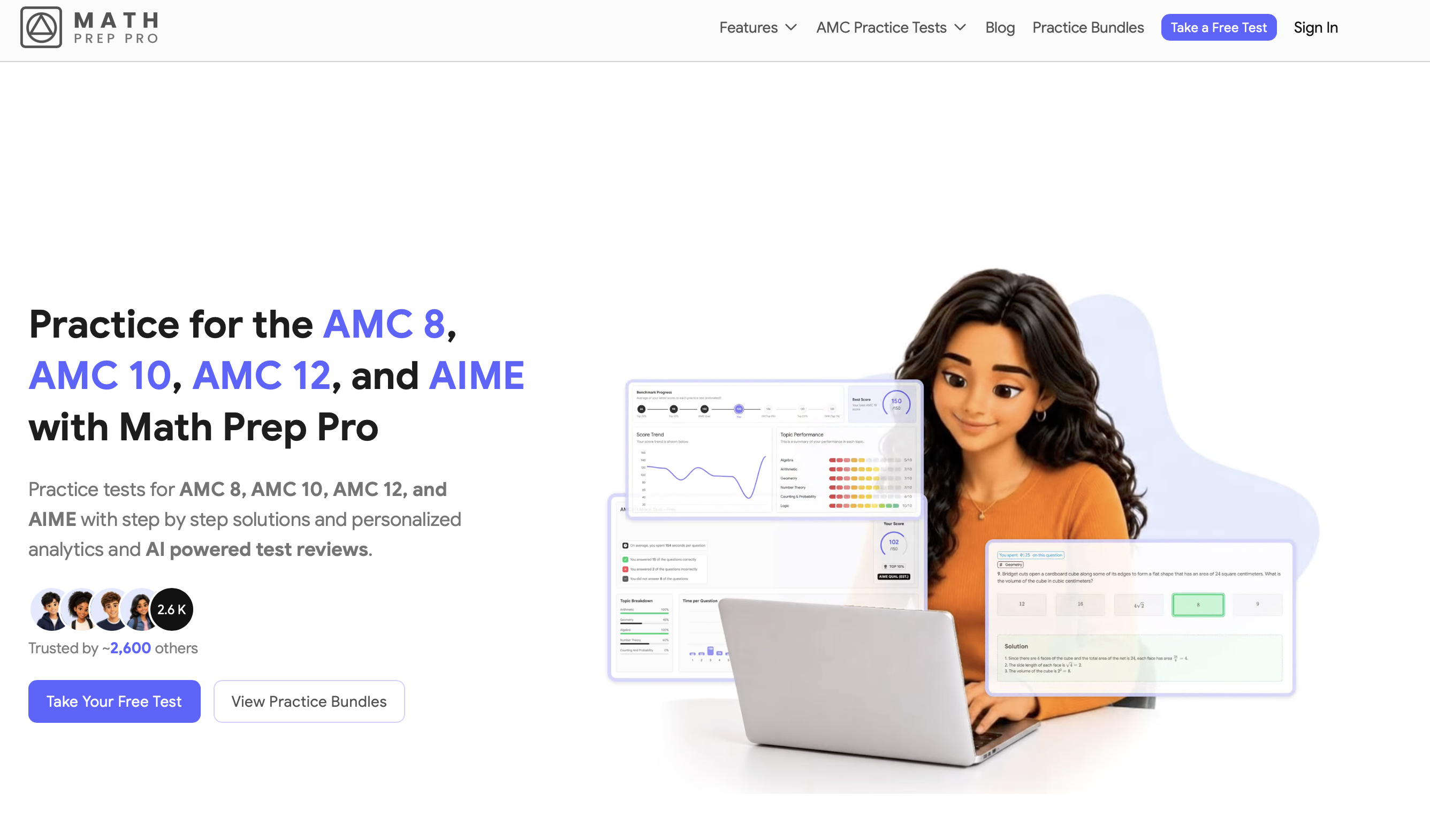 MathPrepPro homepage promoting AMC 8, AMC 10, AMC 12, and AIME practice, with free-test and practice-bundle calls to action beside a preview of the learning platform