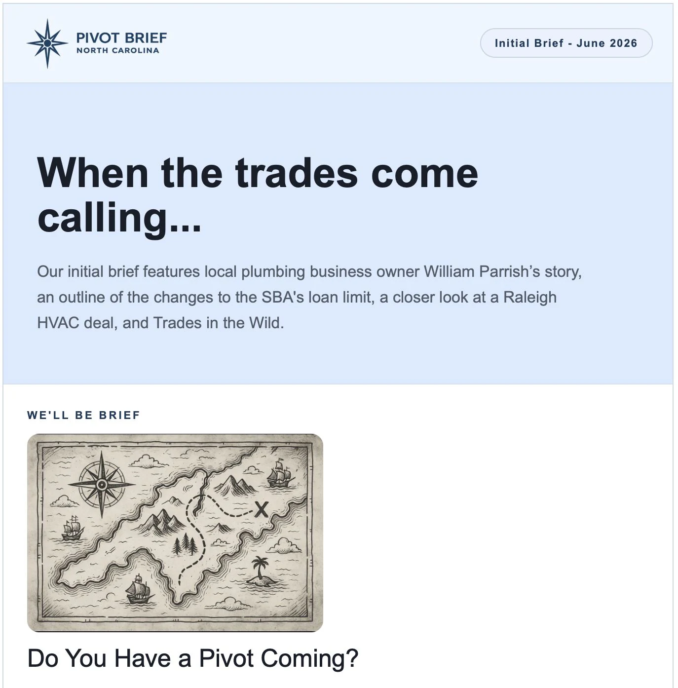 Generated Pivot Brief NC newsletter output with branded header and structured content